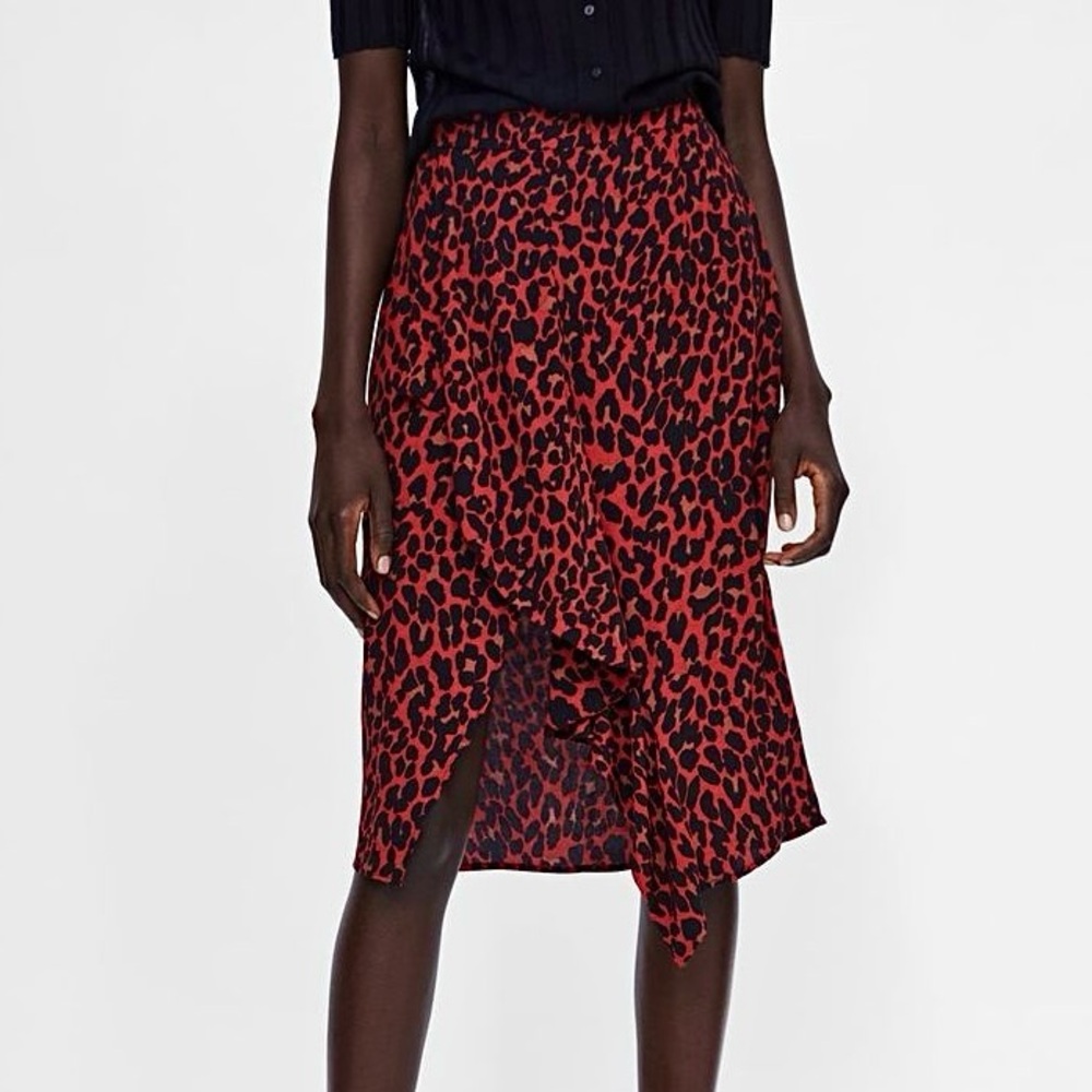 Zara Red Leopard Print Midi Skirt